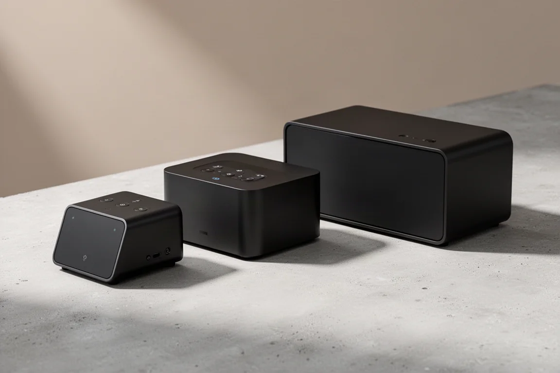Three matte black streaming components of different sizes on a pale concrete surface