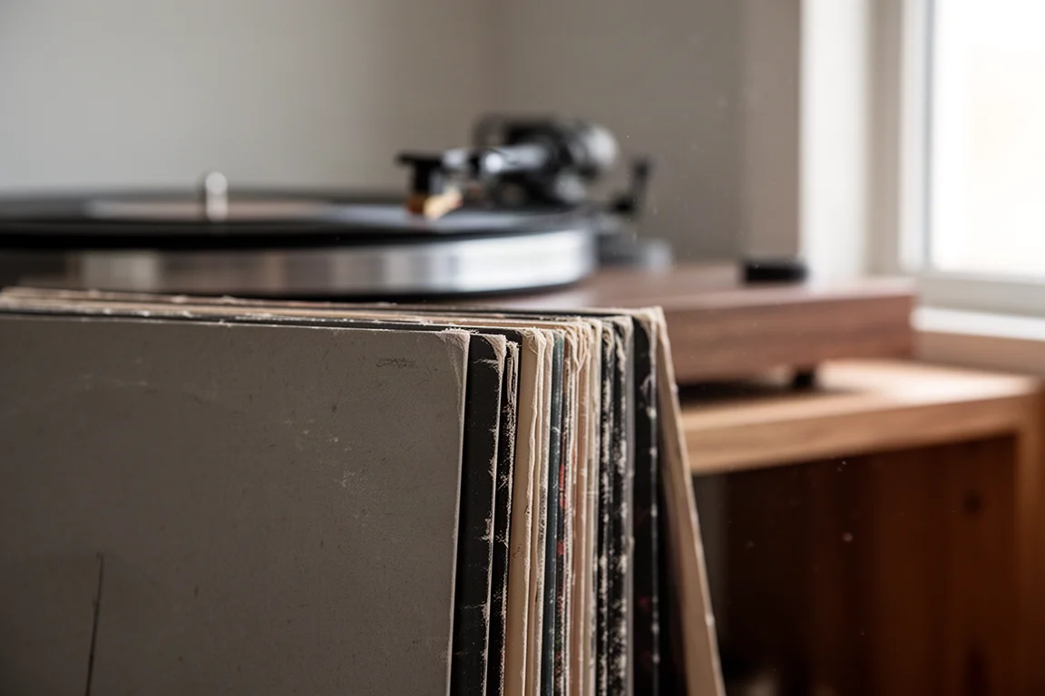 Pile de pochettes de vinyles de profil près d'une platine vinyle floue dans la lumière d'une fenêtre