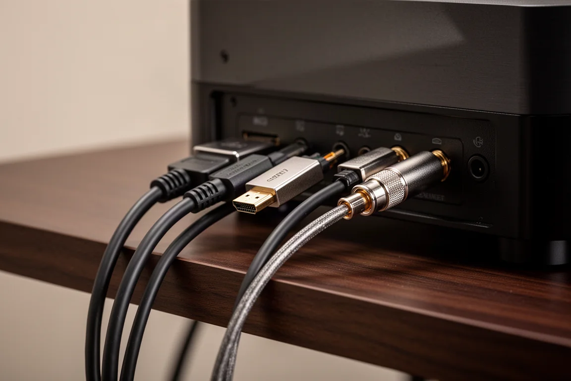 Détail arrière de câbles hi-fi avec connecteurs HDMI, optique et coaxial sur une étagère sombre
