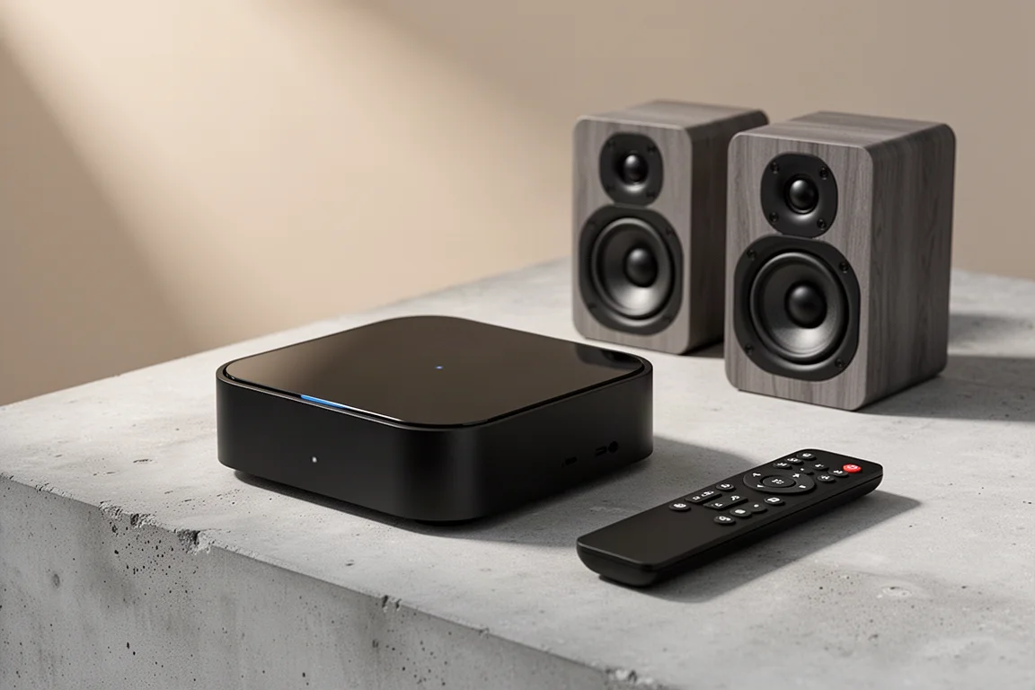 Compact black network streamer with bookshelf speakers and remote on a concrete surface