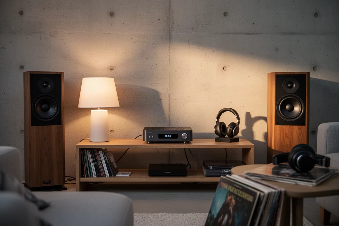 Canto de audição na sala de estar com um streamer, caixas bookshelf e fones de ouvido