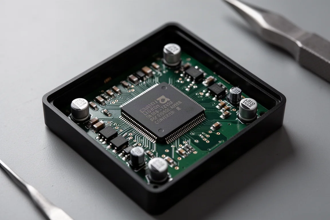 Vista macro de um chip conversor digital-analógico em uma placa de circuito dentro de um componente hi-fi