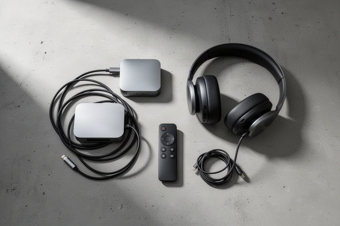 Visão superior de um streamer, fones de ouvido circumaurais, um controle remoto e cabo de caixa sobre concreto