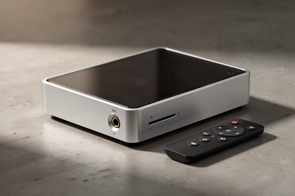 Silver network music streamer with a glass top panel and a small remote on concrete