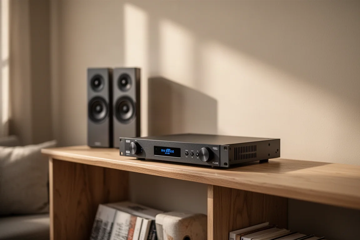 Compacte streamer op halve rackbreedte op een houten plank in een warme woonkamer