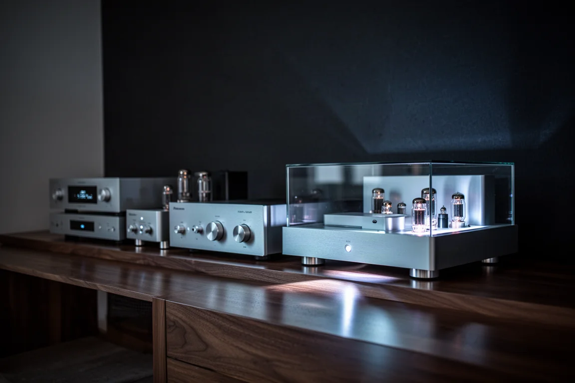Schemerige luisterruimte met zachte gloed van een componentendisplay op een hifi-rack