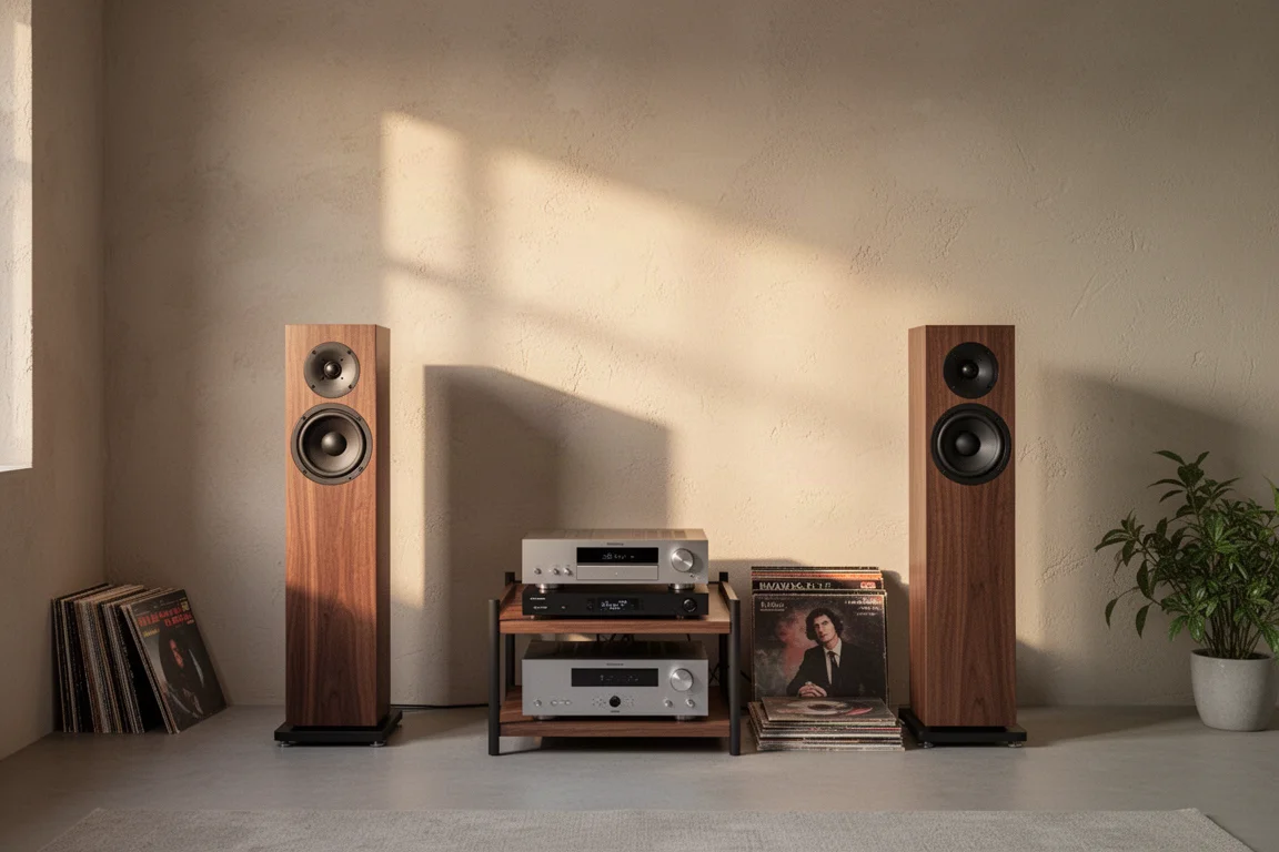 Vloerstaande speakers en versterker in een warm verlichte luisterruimte met vinylkast