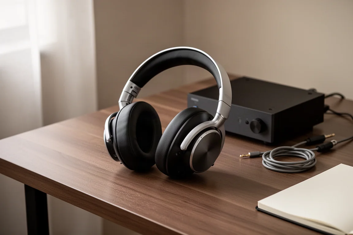 Open-back koptelefoon op een houten bureau naast een hifi-component