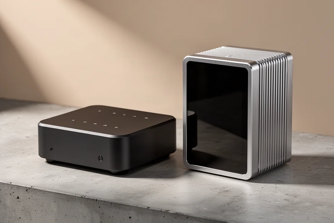 Two compact hi-fi music streamers side by side on a matte concrete surface