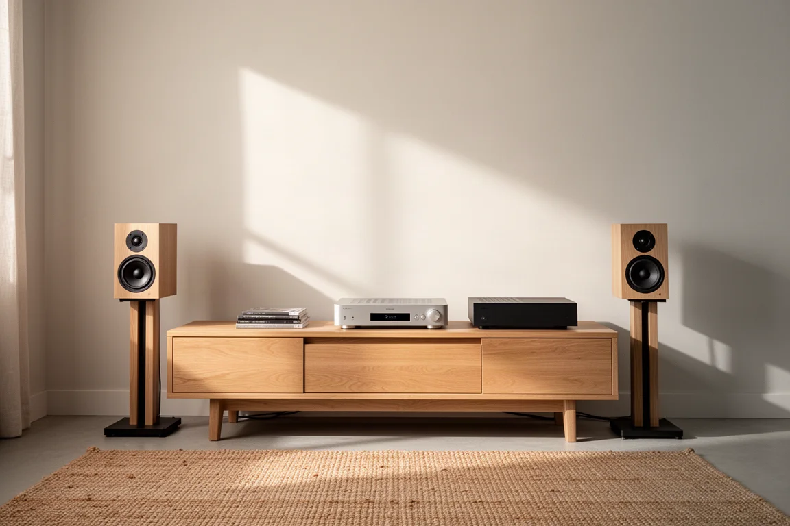 Minimalist living room with two bookshelf speakers on stands and a slim hi-fi component