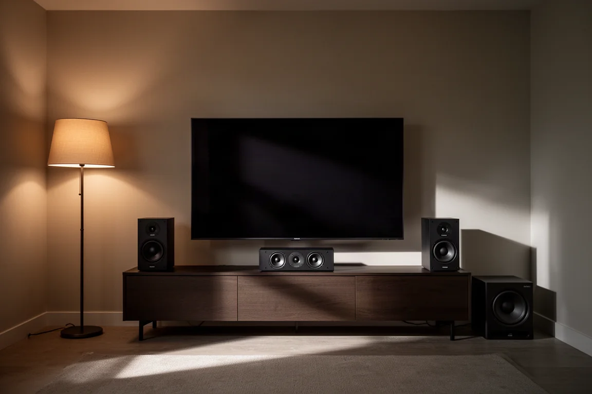 Dimly lit media room with a television and three front speakers plus a subwoofer