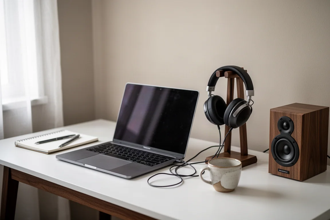 Home desk with a laptop, wired over-ear headphones on a stand, and a small speaker