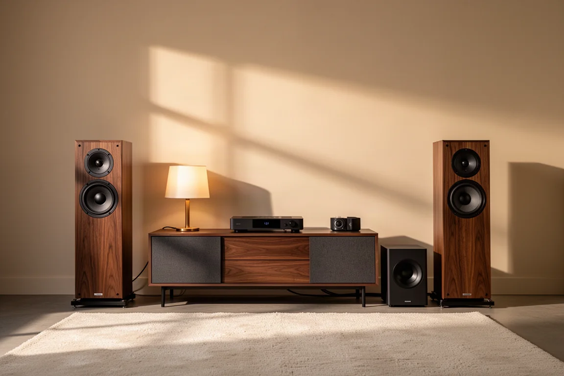 Living room with floorstanding speakers, a compact subwoofer, and warm evening light