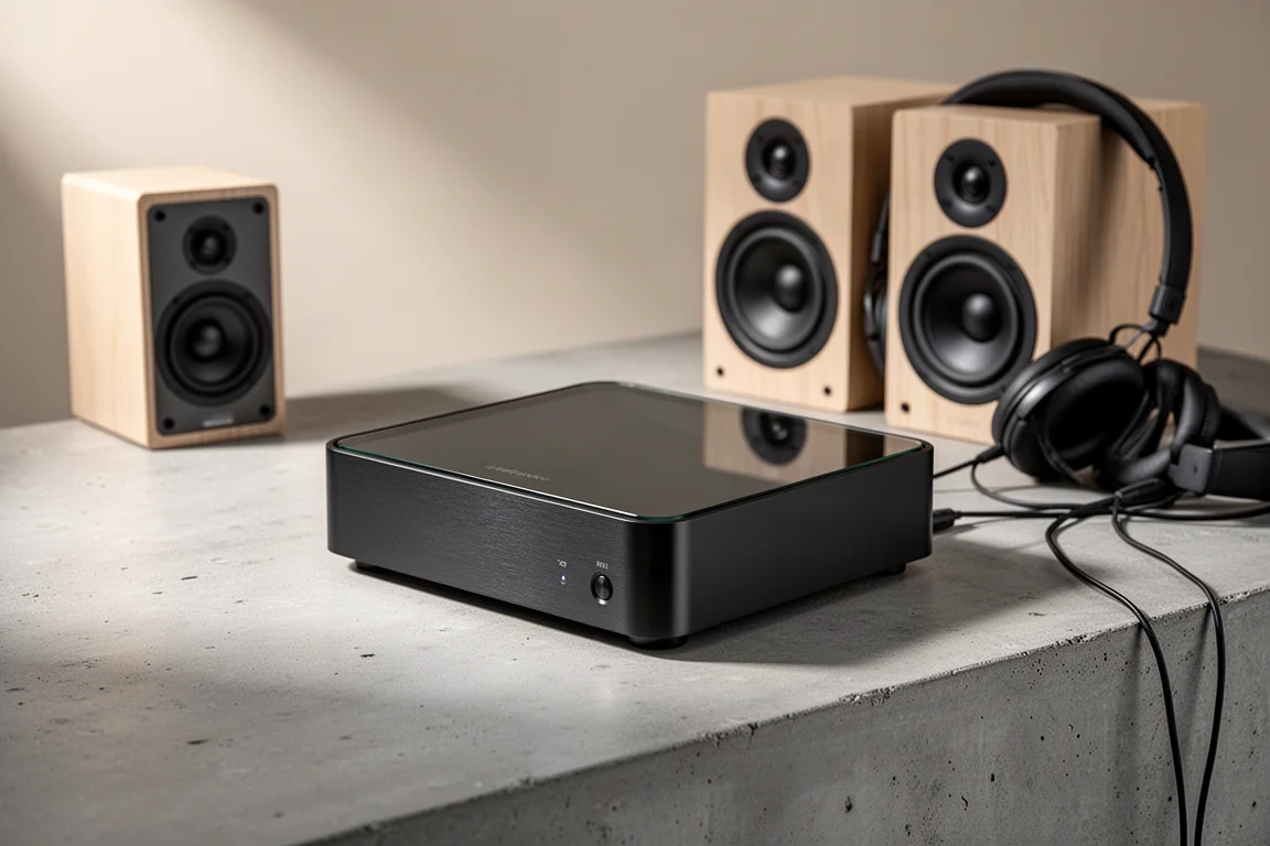 Slim matte black streaming amplifier with glass top beside bookshelf speakers and headphones