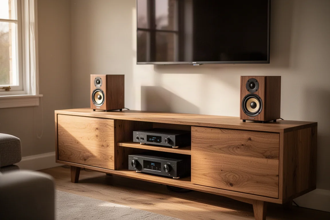Living room media unit with a compact amplifier and stand-mount speakers in evening light