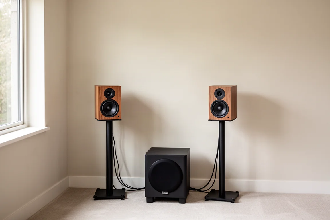 Small listening room at dusk with stand-mount speakers and a corner subwoofer