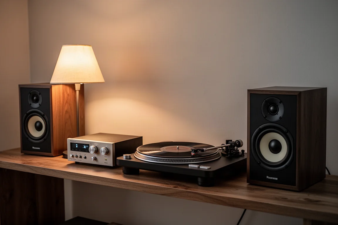 Stand-mount speakers on a wooden console with a smartphone and morning window light