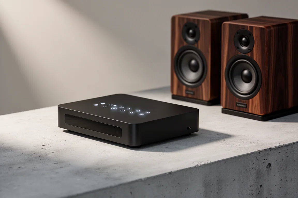 Compact matte black streaming amplifier on a low oak media unit beneath a wall-mounted television