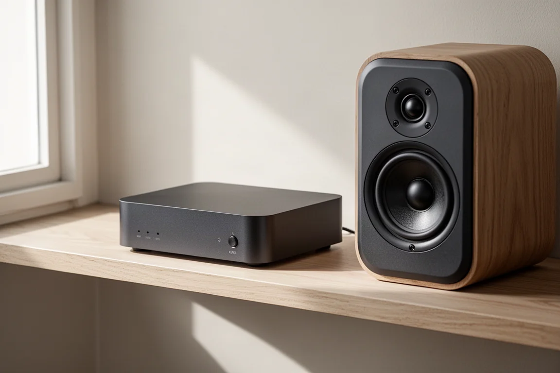 Compact streaming amplifier and a bookshelf speaker arranged on a pale oak shelf