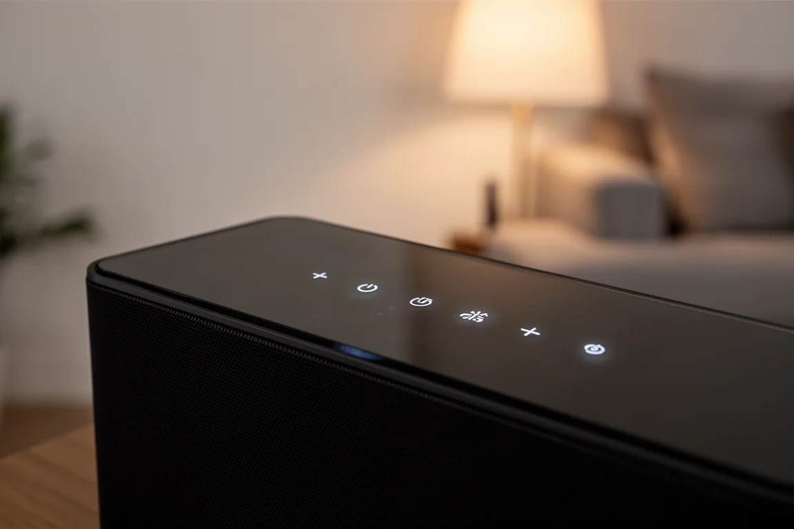 Nahaufnahme der sanft beleuchteten Touch-Bedienelemente auf der Oberseite einer Soundbar bei schwachem Licht