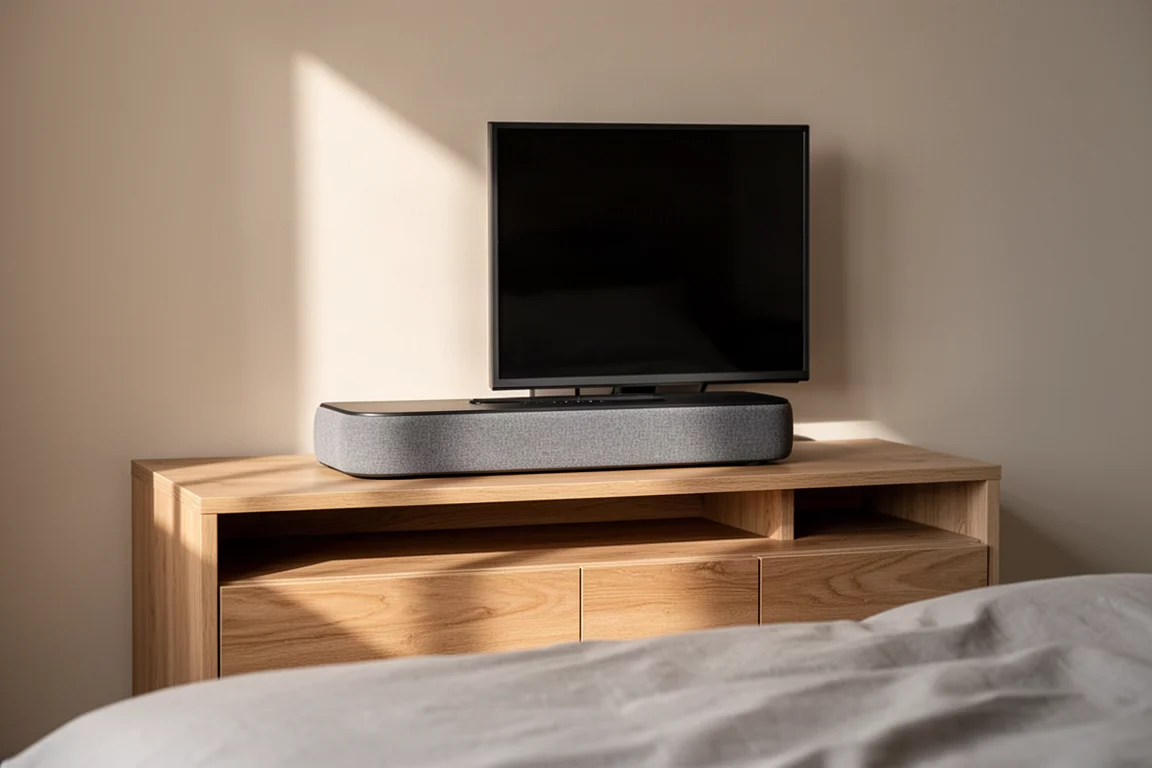 Kompakte Soundbar auf einem Media-Rack-Fach unter einem kleinen Fernseher im Schlafzimmer