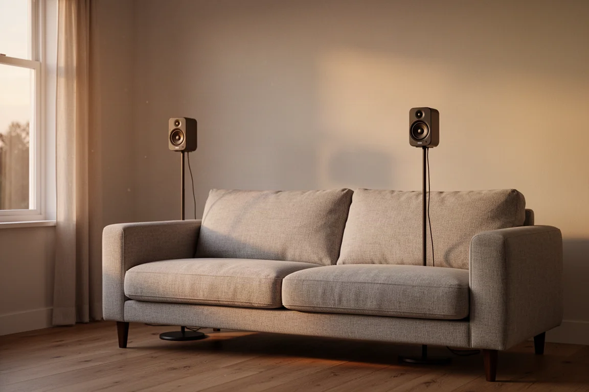 Zwei kleine drahtlose Lautsprecher auf Stativen hinter einem Sofa in einem warmen Wohnzimmer