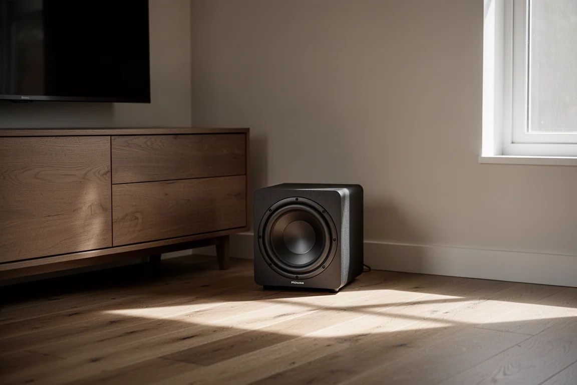 Kompakter Subwoofer auf einem Holzboden neben einer Media-Konsole im Wohnzimmer