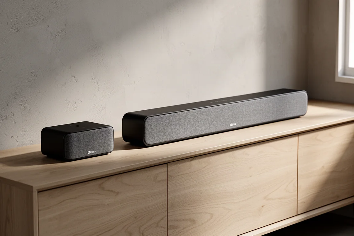 Two Dolby Atmos soundbars of different lengths on a pale oak media console