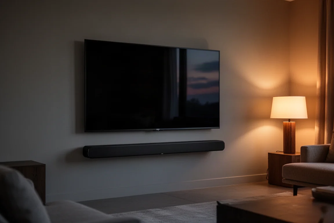 Przyciemniony nowoczesny salon o zmierzchu z niskim soundbarem pod telewizorem naściennym