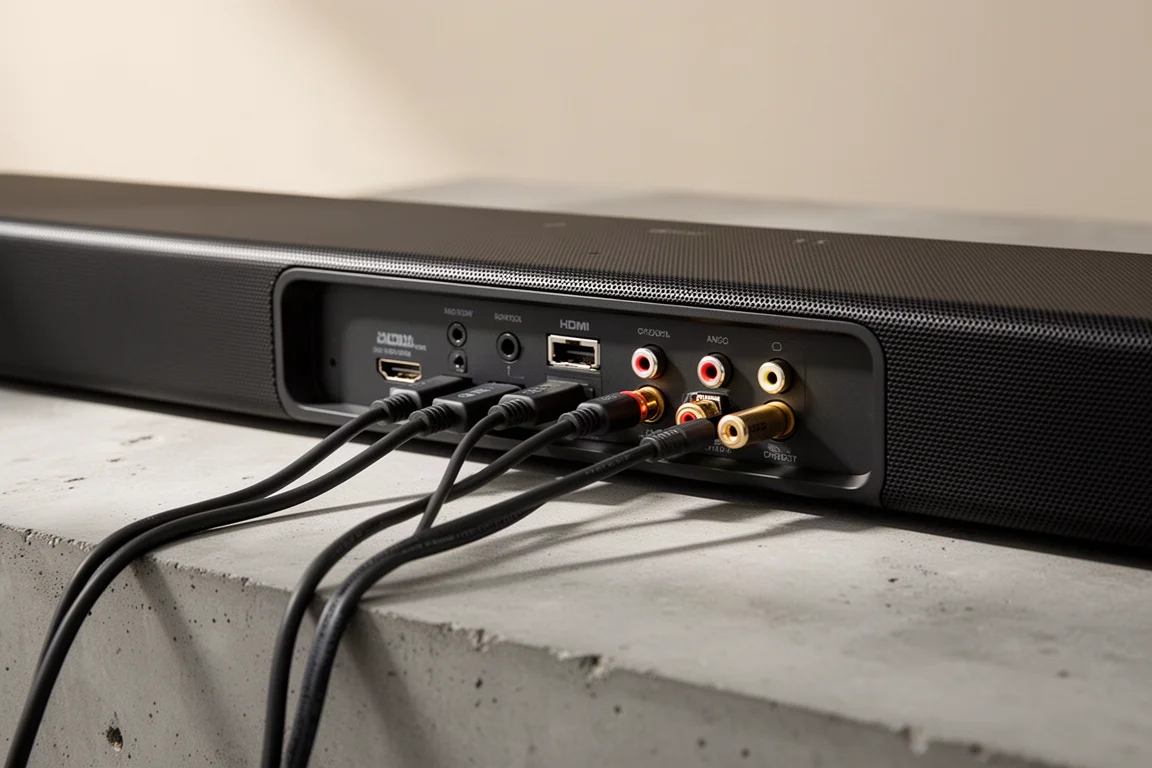 Zbliżenie panelu połączeń z tyłu soundbara z portami HDMI, optycznym i analogowymi