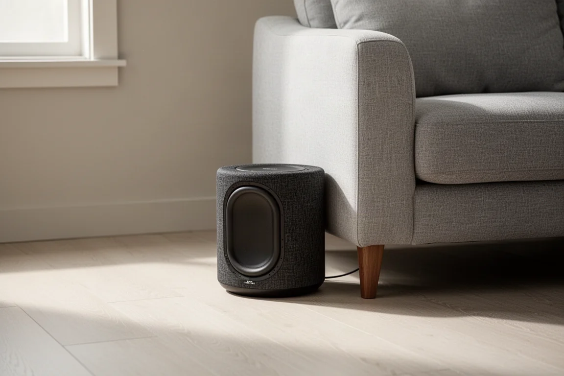 Kompaktowy subwoofer bezprzewodowy w ciemnym materiale obok szarej sofy na jasnej drewnianej podłodze