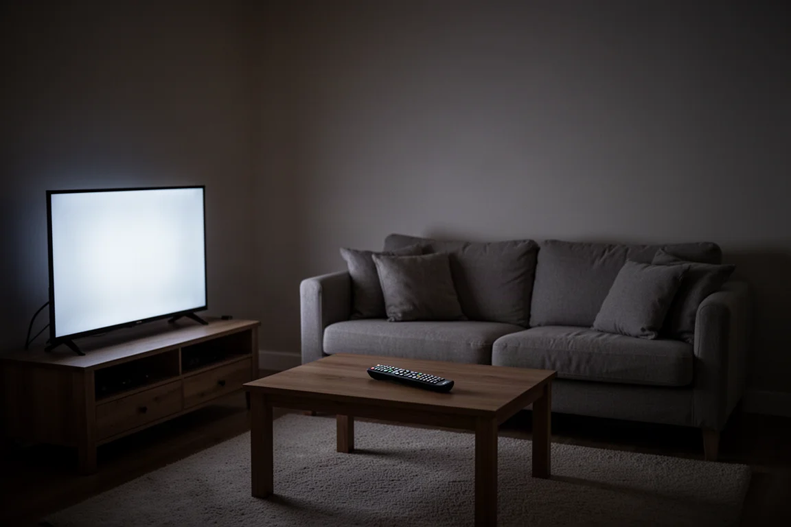 Schludny salon nocą oświetlony blaskiem telewizora z sofą i stolikiem kawowym
