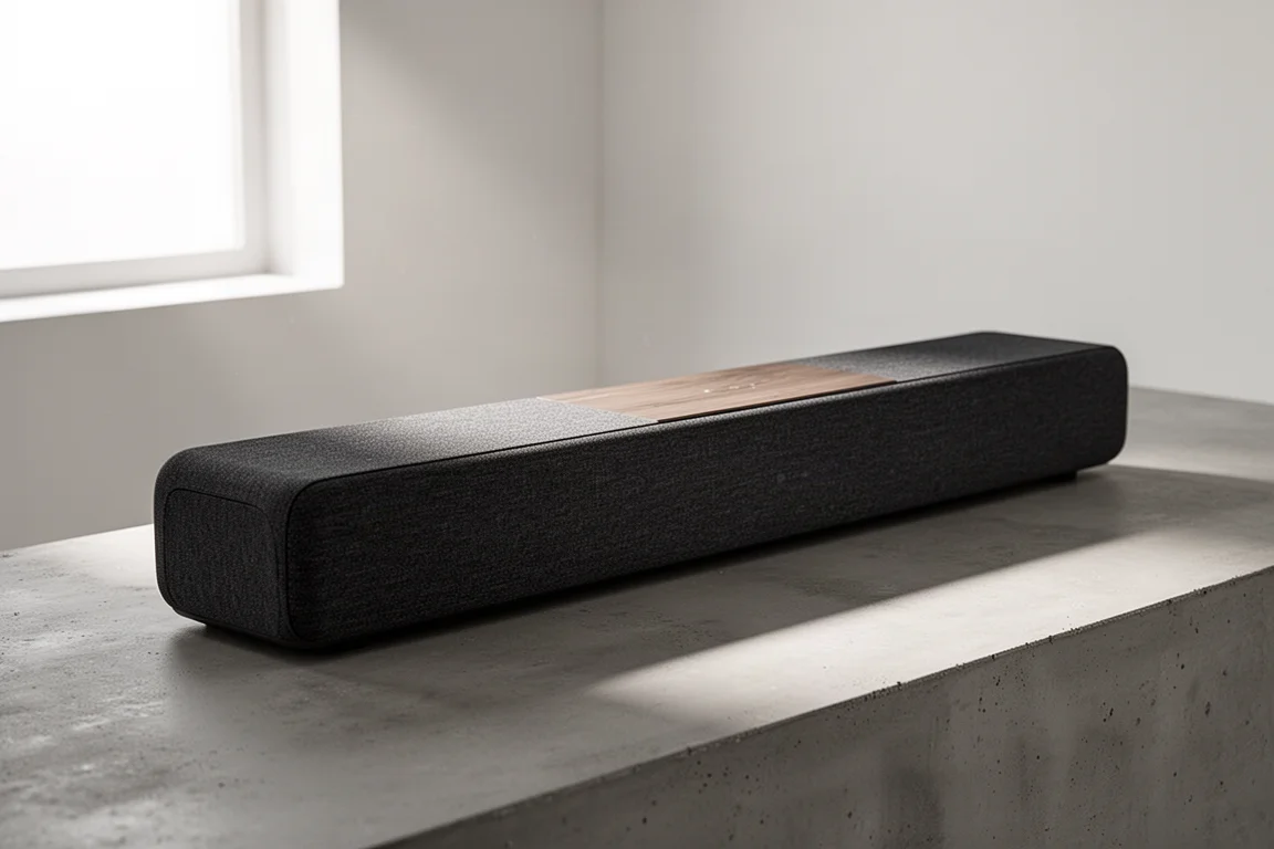 Low-profile charcoal fabric soundbar on a matte concrete surface in a bright minimal room