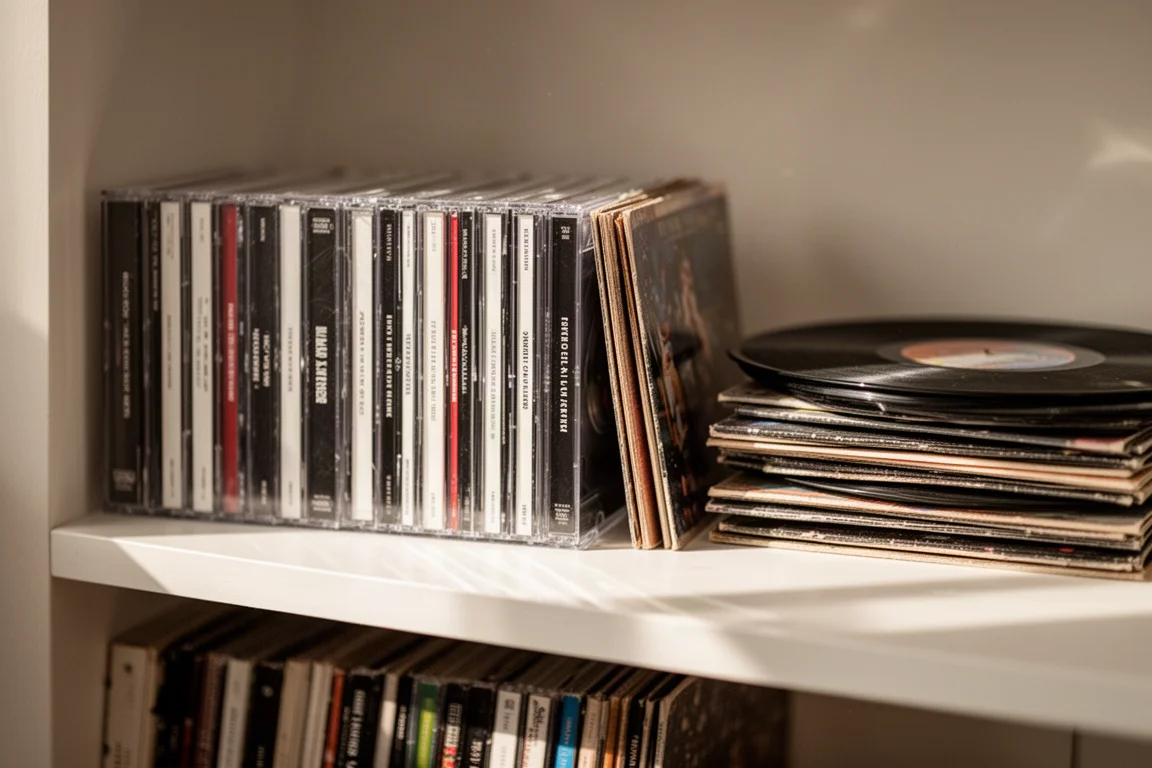 柔和日光下,架子上摆放着 CD 盒,旁边是一小叠黑胶唱片