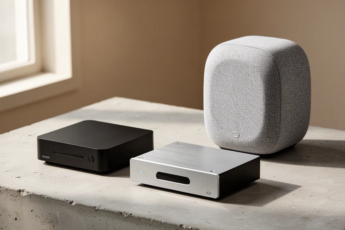 Compact streaming player, amplified unit and fabric-wrapped speaker on a concrete surface