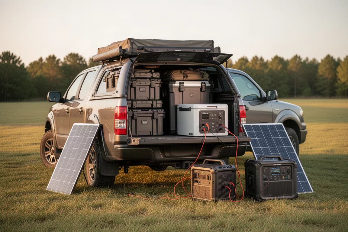 Camping-Setup auf der Ladefläche mit Lagerboxen und einer Powerstation auf einer Wiese