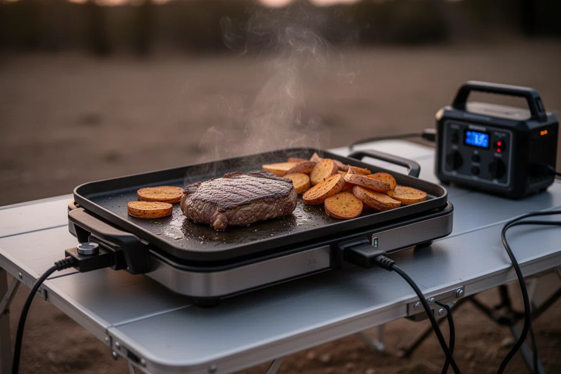Elektrische Grillplatte mit Steak und Süßkartoffeln am Campingtisch im abendlichen Licht