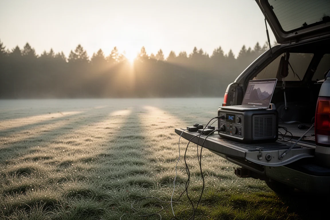 Morgentliche Campingszene mit geöffnetem Laptop auf der Ladefläche und einer Powerstation, die ihn lädt