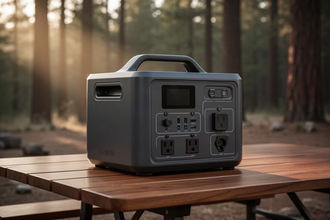 Bluetti AC180 portable power station on a wooden campsite table in soft afternoon light