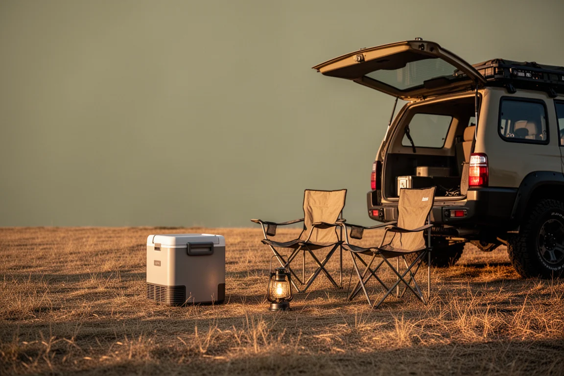 Campingbord i gyllene ljus med en 12V-kylbox, lykta och laddningskabel