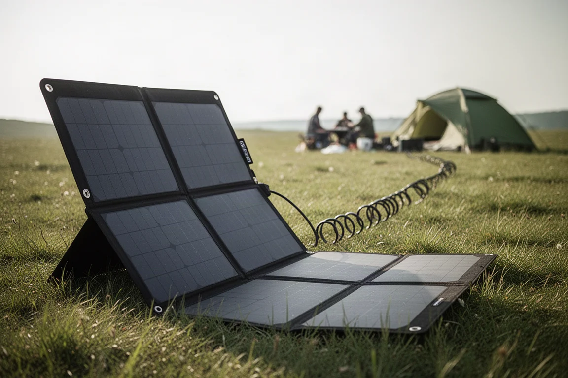 Overlandfordon i gryningen med öppen baklucka, 12V-kylskåp och hopfällt solpanel
