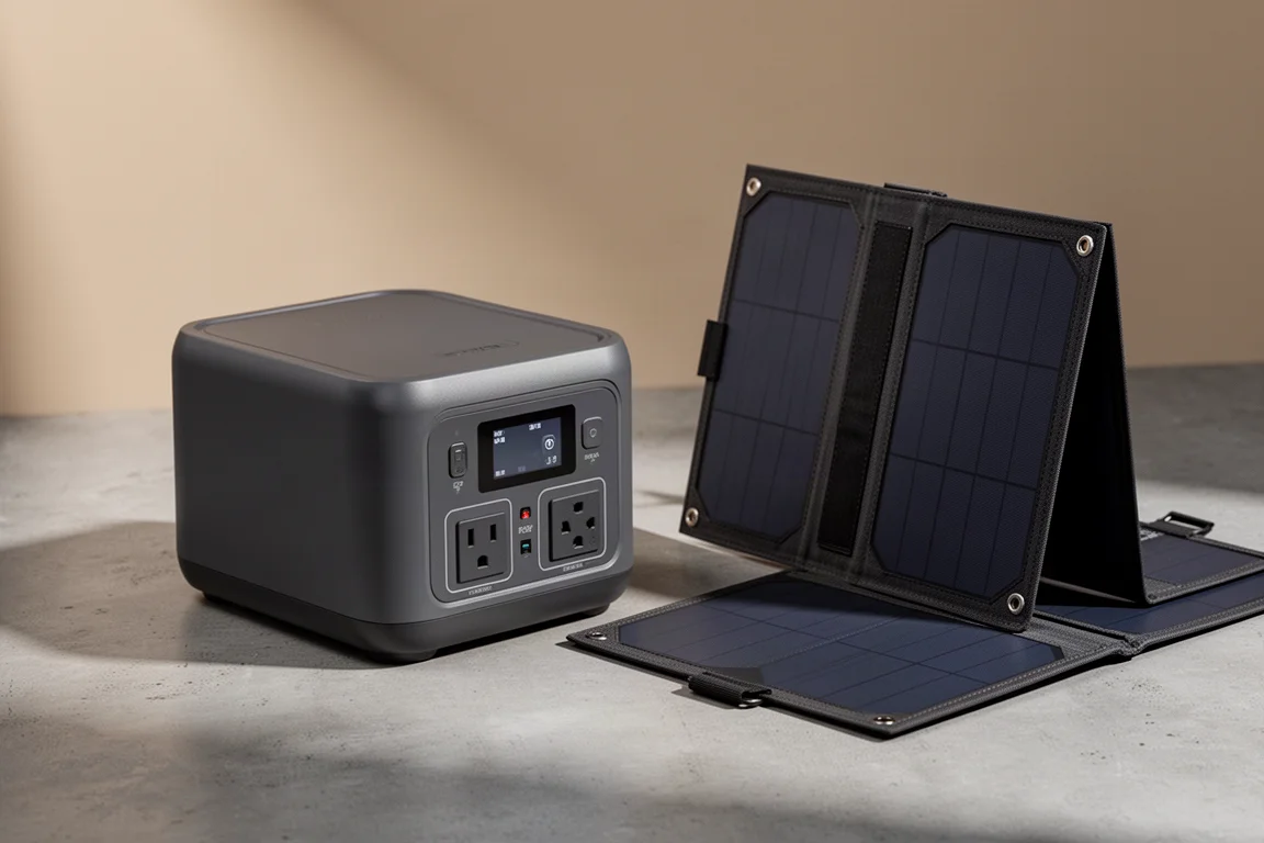 Bluetti AC180 portable power station with a folding solar panel on a concrete surface