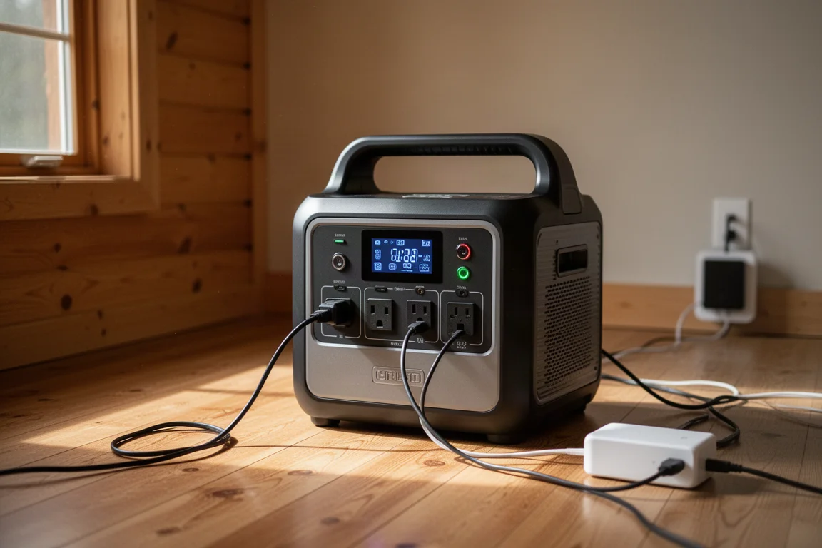 小木屋地板上的可攜式電源站,前面板已接上多條電線
