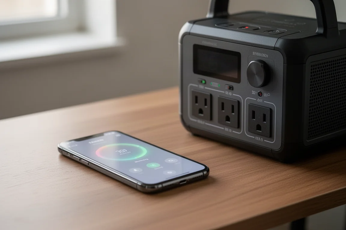 智慧型手機顯示電源站控制 App,一旁是電源站本體