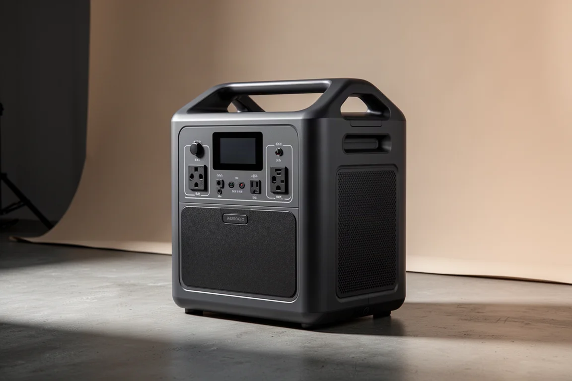 Large matte grey portable power station with display and ports on a concrete floor