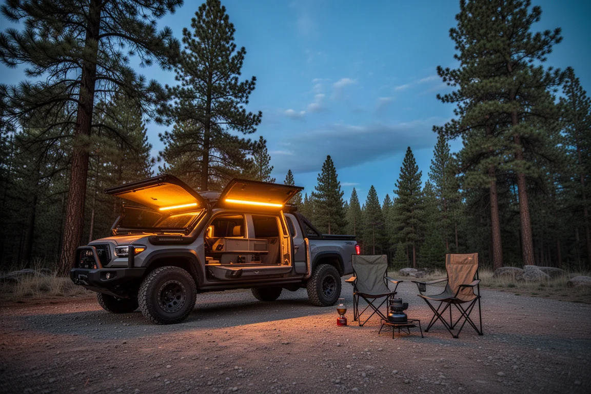 Overlanding camp at dusk with a truck bed lit by warm LED strips