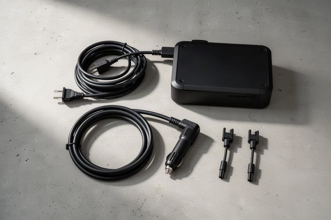 Flat-lay of a power brick, cables, and MC4 solar connectors on concrete