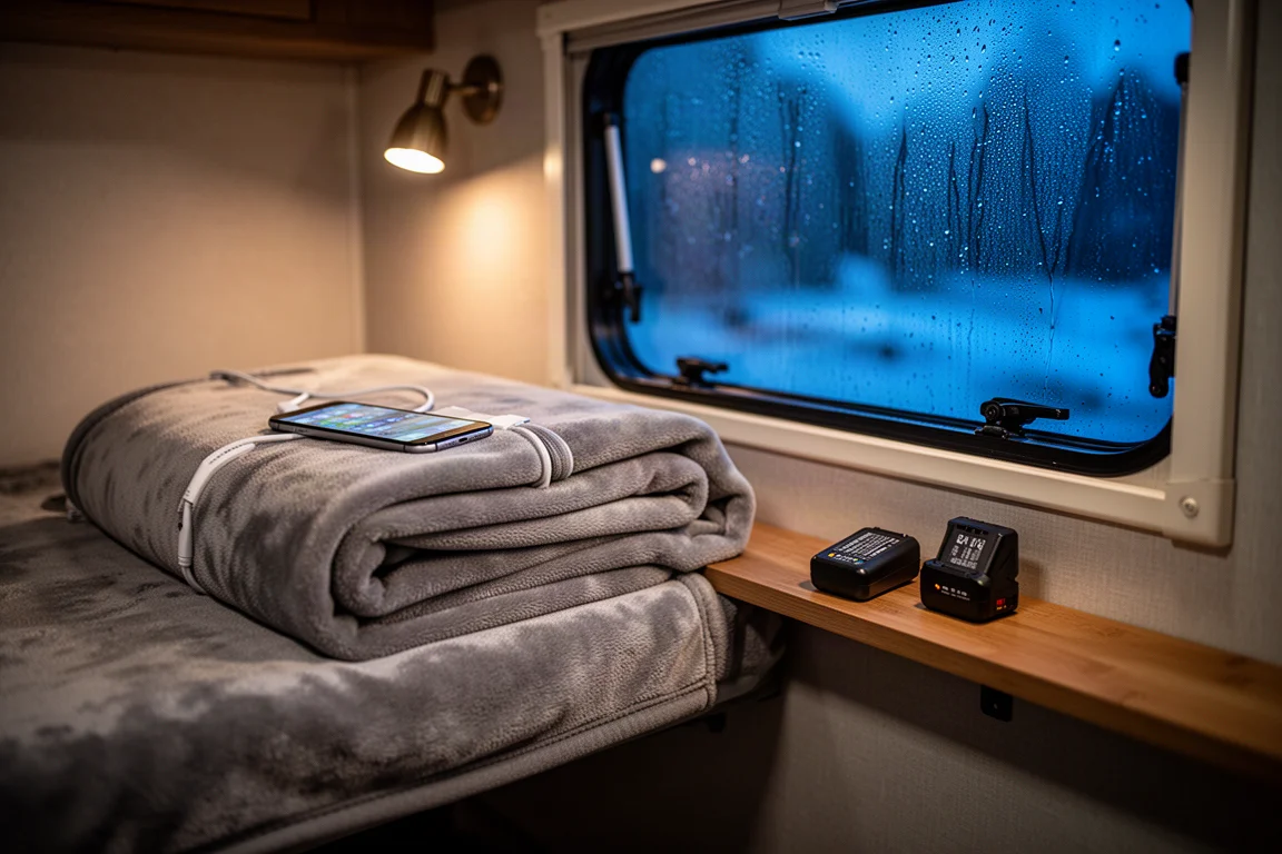 Truck camper interior at night with an electric blanket and charging devices