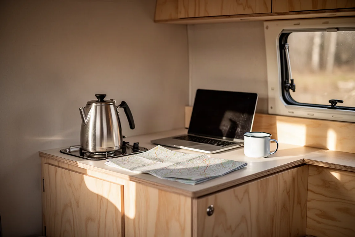 Camper van kitchen in morning light with a coffee pot and laptop