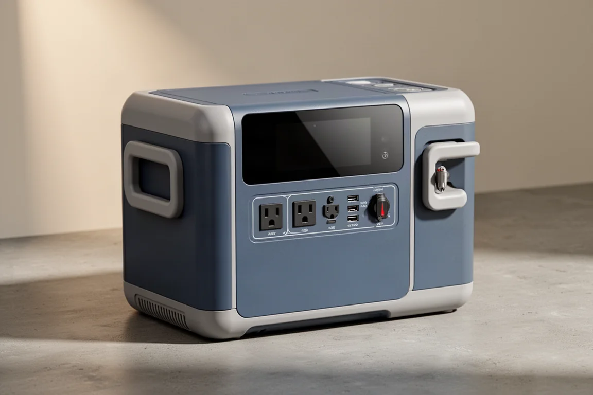 Large portable power station with grab handles, touchscreen, and AC outlets on concrete